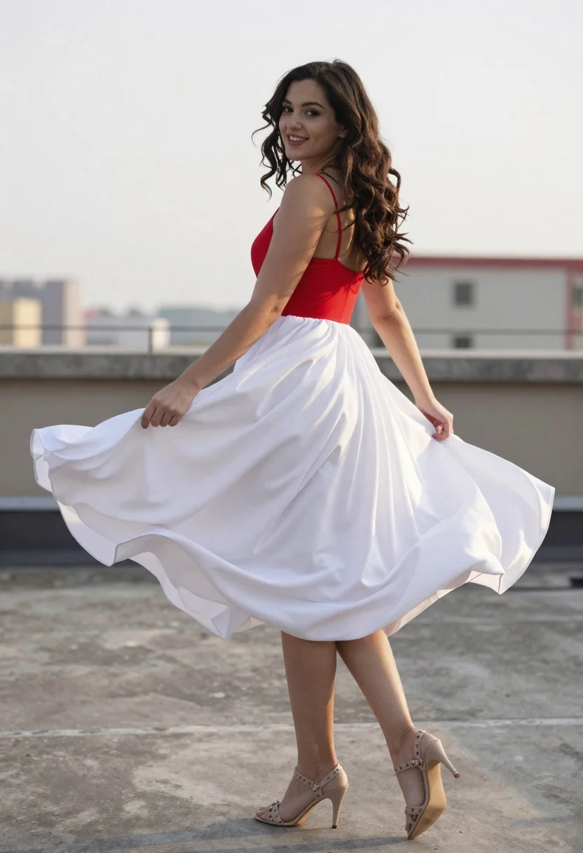 Young woman in twotoned dress on rooftop looking back over shoulder