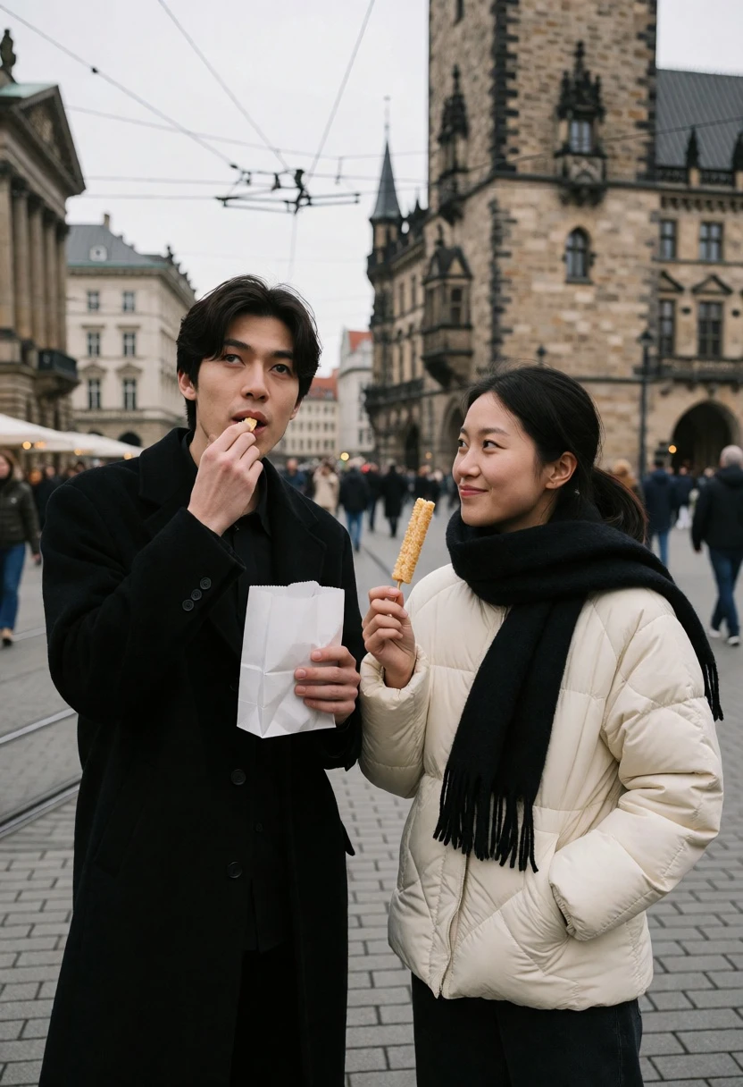 Candid street photograph of couple eating snacks near historic stone buildings - AI generated image prompt sample