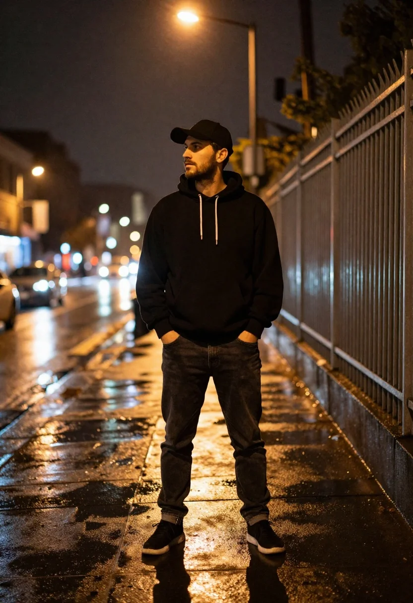 Young man in black hoodie standing on wet city sidewalk at night - AI generated image prompt sample