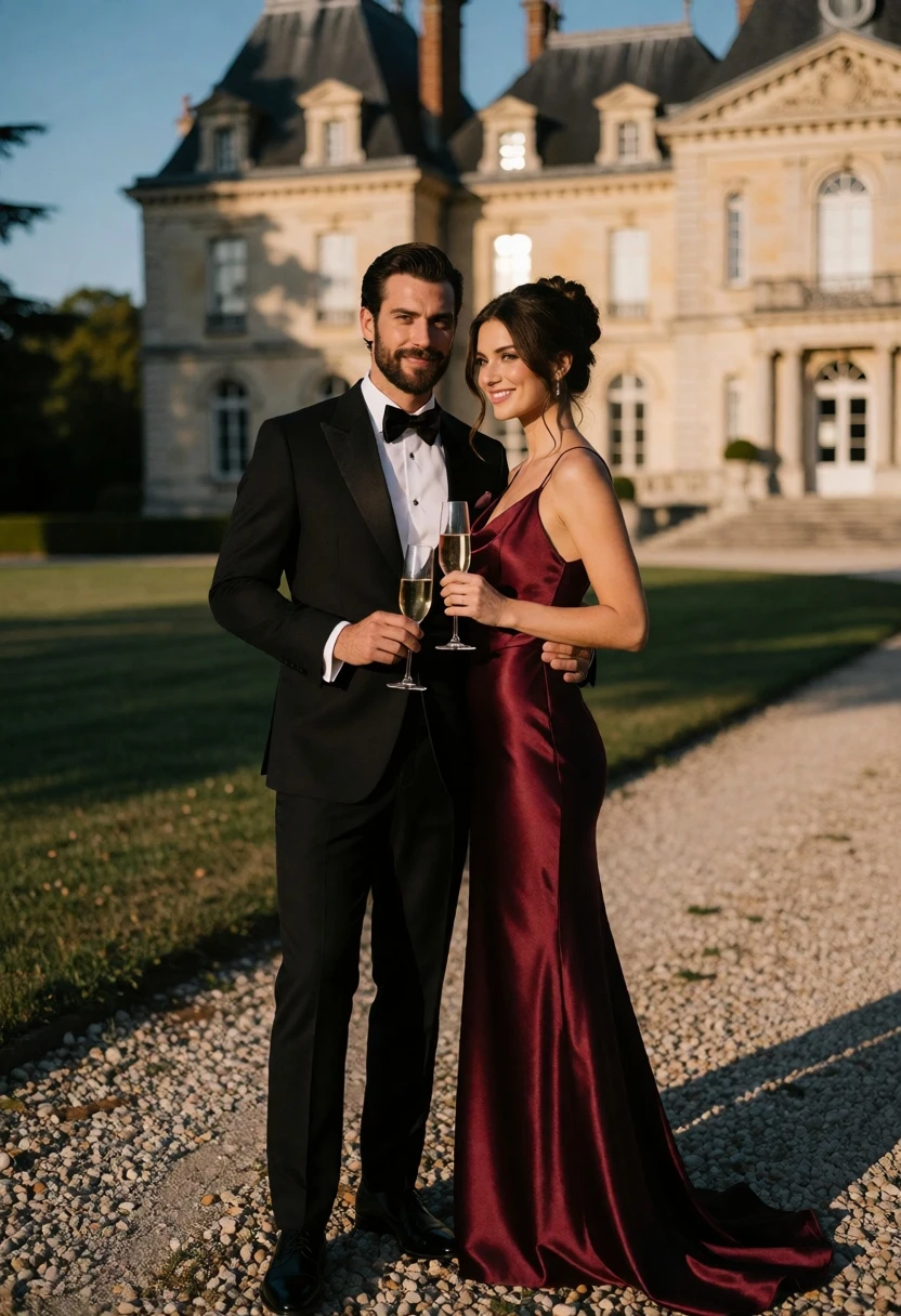 Intimate couple posing on gravel path before grand stone chateau at golden - AI generated image prompt sample
