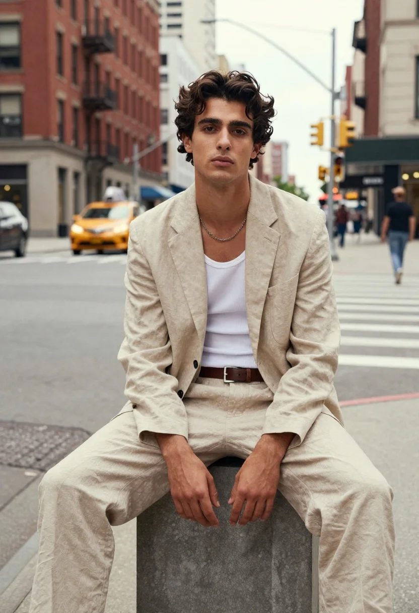 Young man in beige linen suit sitting on concrete block in city - AI generated image prompt sample
