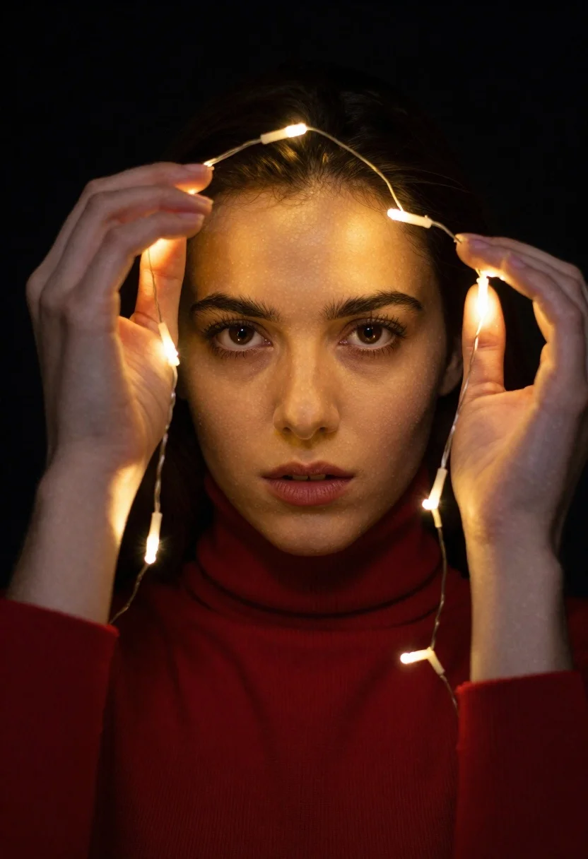 Portrait of young woman in red sweater holding glowing fairy lights - AI generated image prompt sample