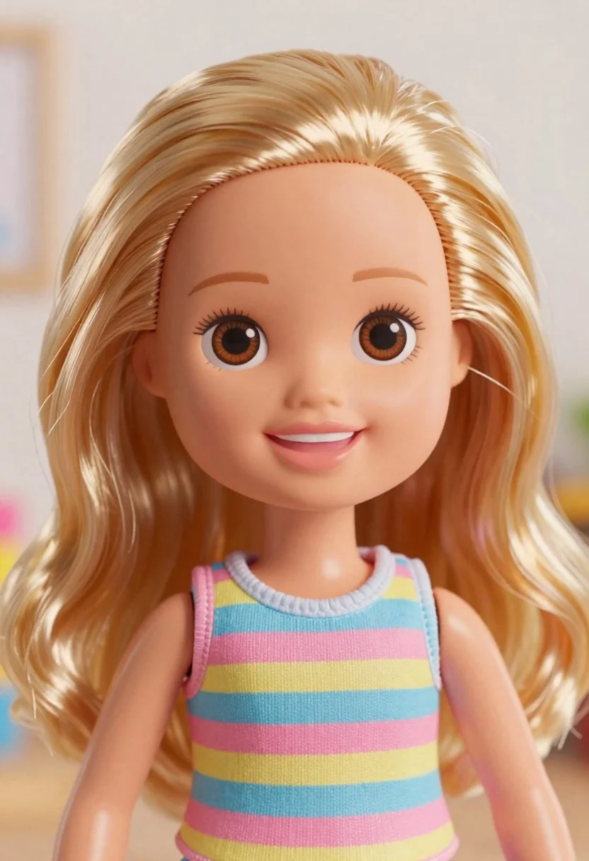 Closeup portrait of cheerful doll with long wavy blonde hair and brown - AI generated image prompt sample