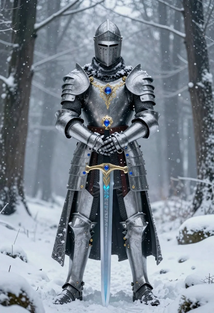 Knight in silver armor holding sword in snowy forest - AI generated image prompt sample