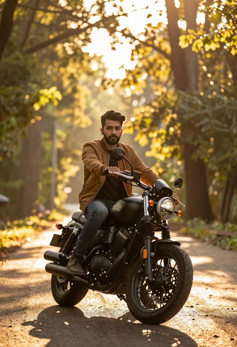 Man sitting on black motorcycle in sundrenched forest clearing at golden hour - AI generated image prompt sample