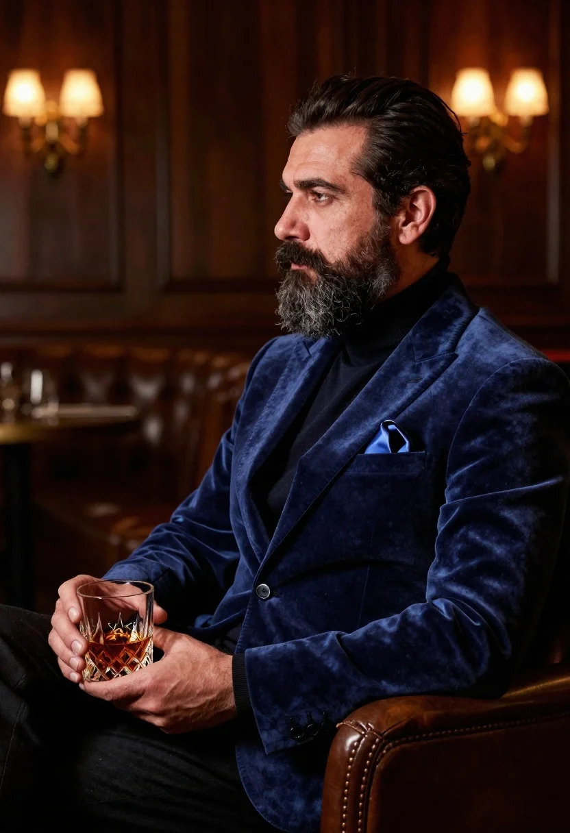 Middle aged man with beard holding amber drink in dimly lit lounge - AI generated image prompt sample