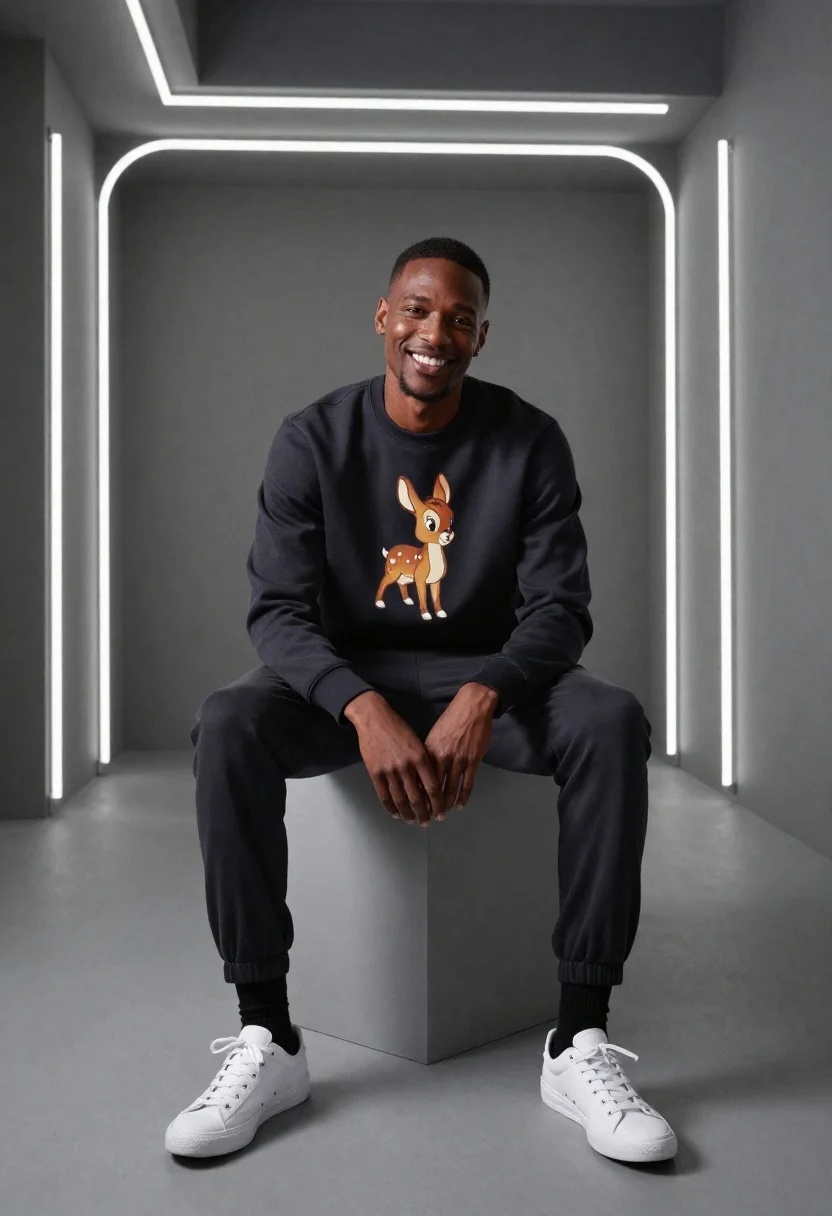 Smiling man in studio against neon light backdrop