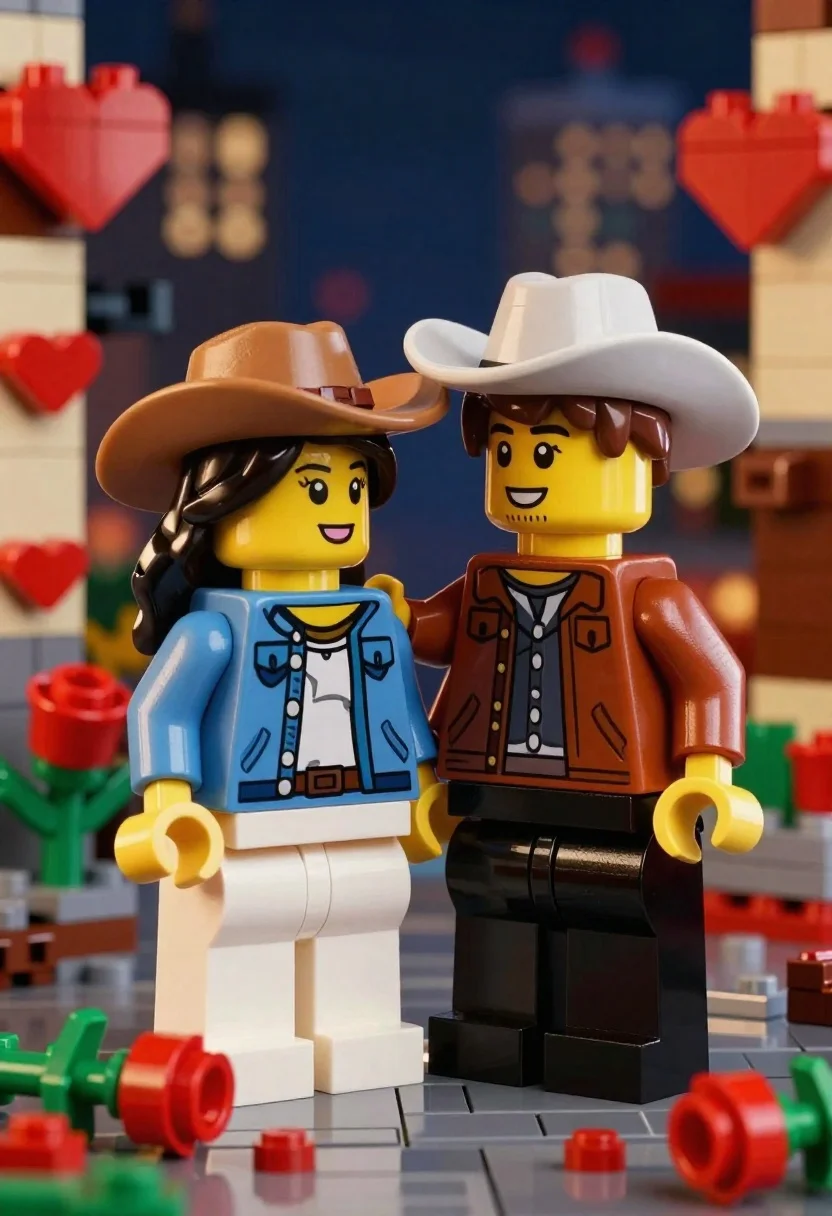 Two lego minifigures holding hands in a romantic nighttime city scene - AI generated image prompt sample