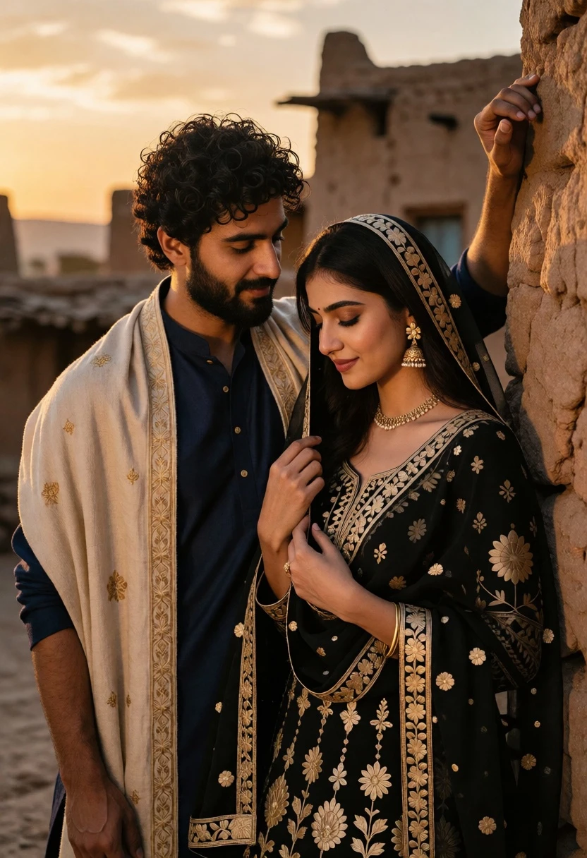 Romantic portrait of couple in ancient village at sunset with golden light - AI generated image prompt sample