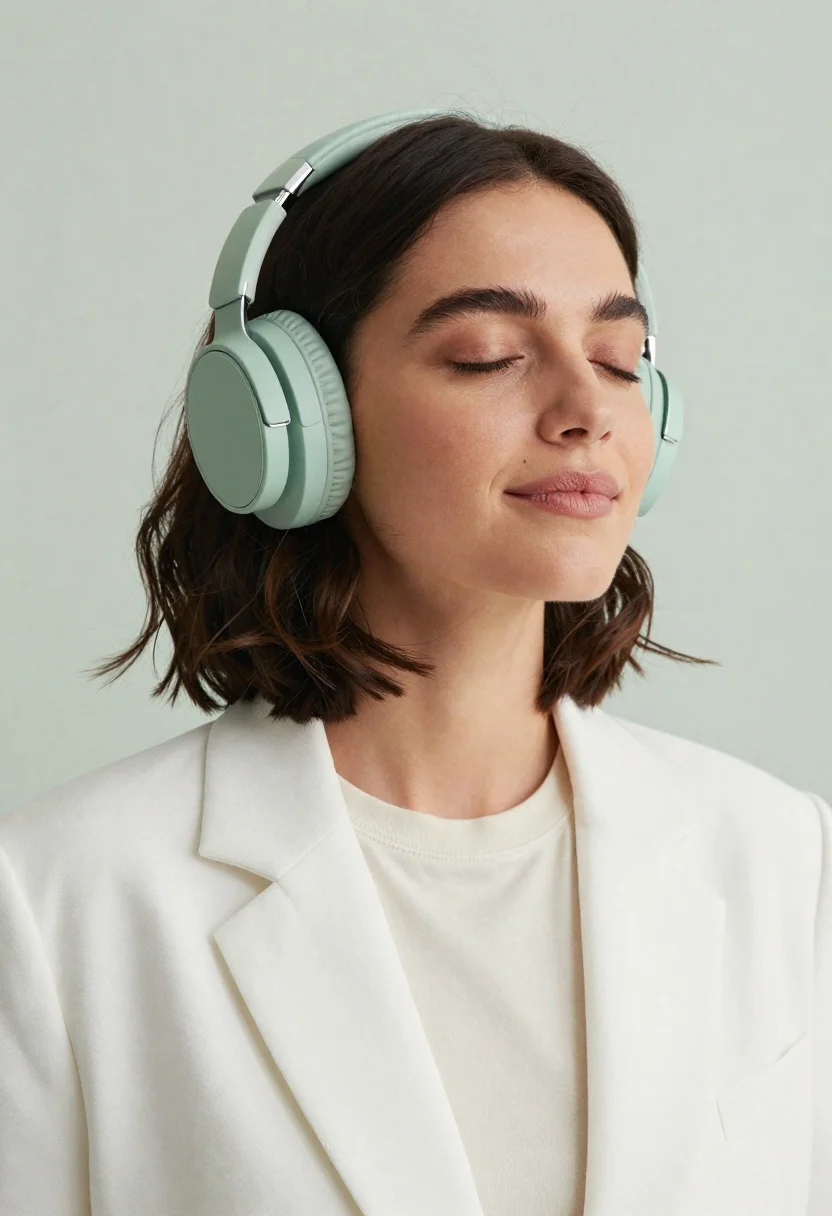 Woman wearing headphones in white blazer on pale green background - AI generated image prompt sample