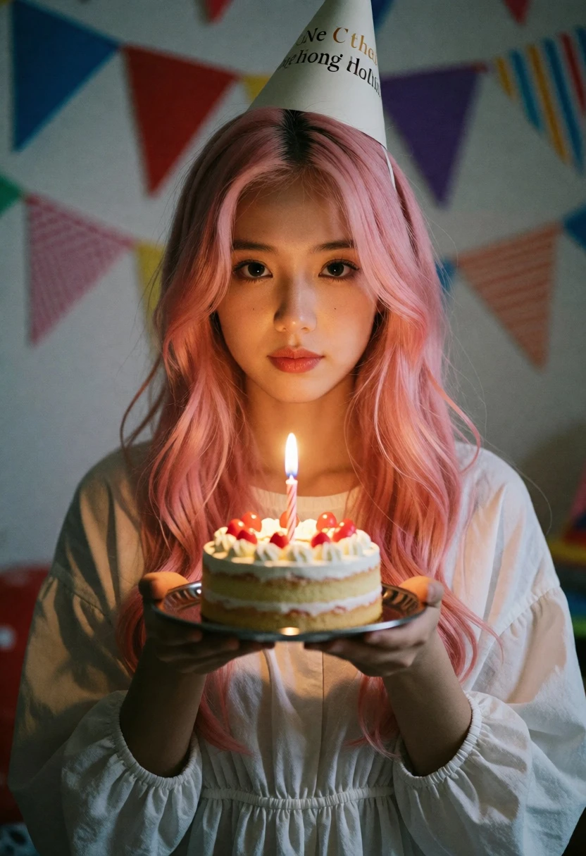 Young woman with pink hair holding cake against colorful bunting background - AI generated image prompt sample