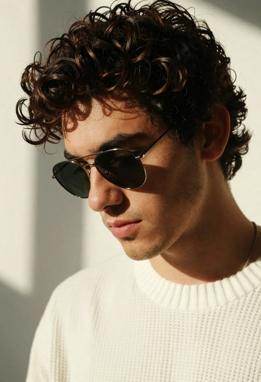 Portrait of young man with curly hair and sunglasses in white sweater - AI generated image prompt sample