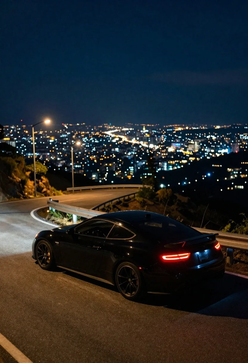 Black sports coupe overlooking a vast cityscape at night