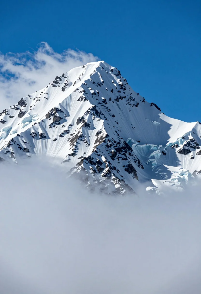 Majestic snow capped mountain peak piercing through sea of clouds under blue - AI generated image prompt sample