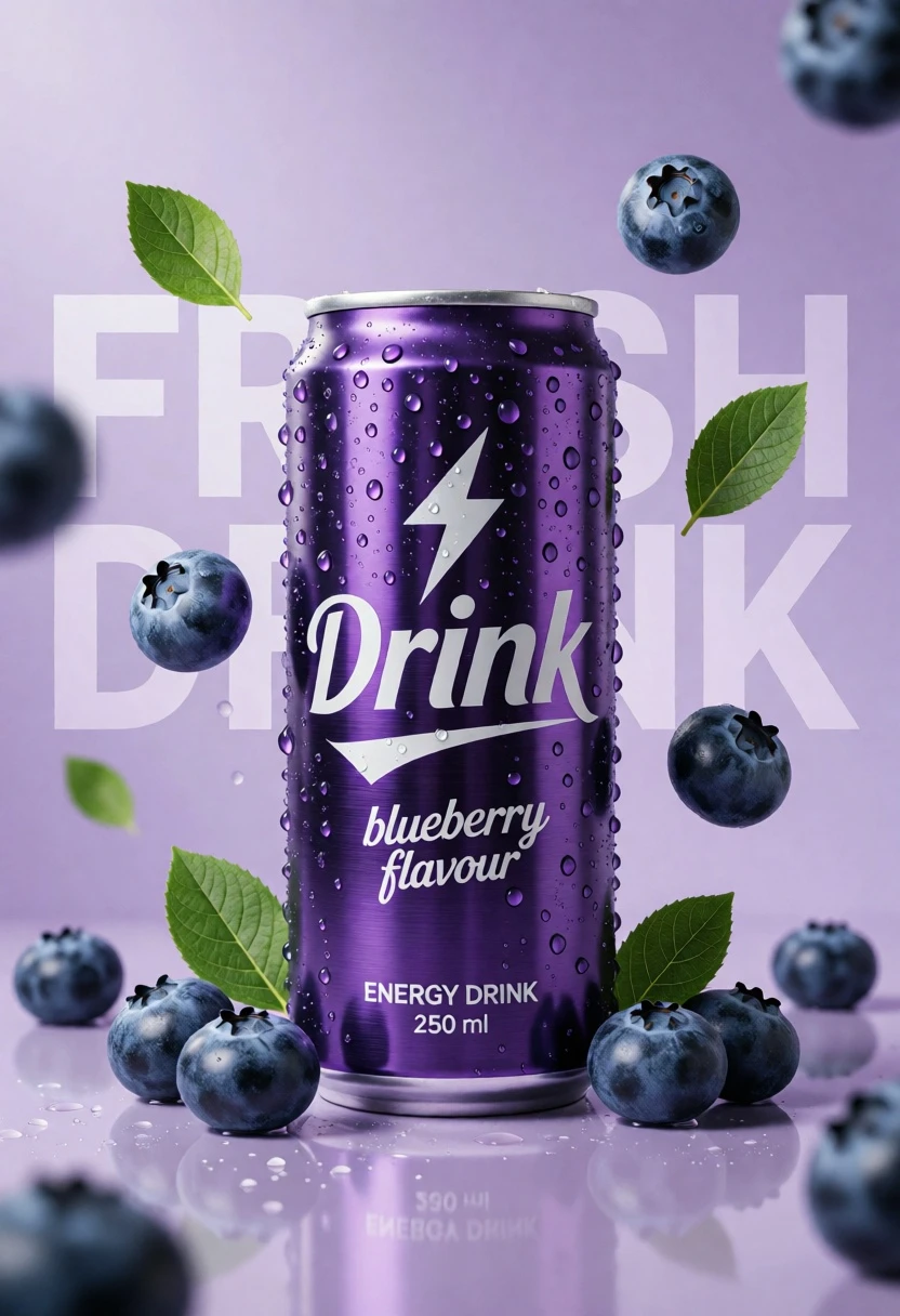 Hyperrealistic purple energy drink can surrounded by floating blueberries and green leaves - AI generated image prompt sample