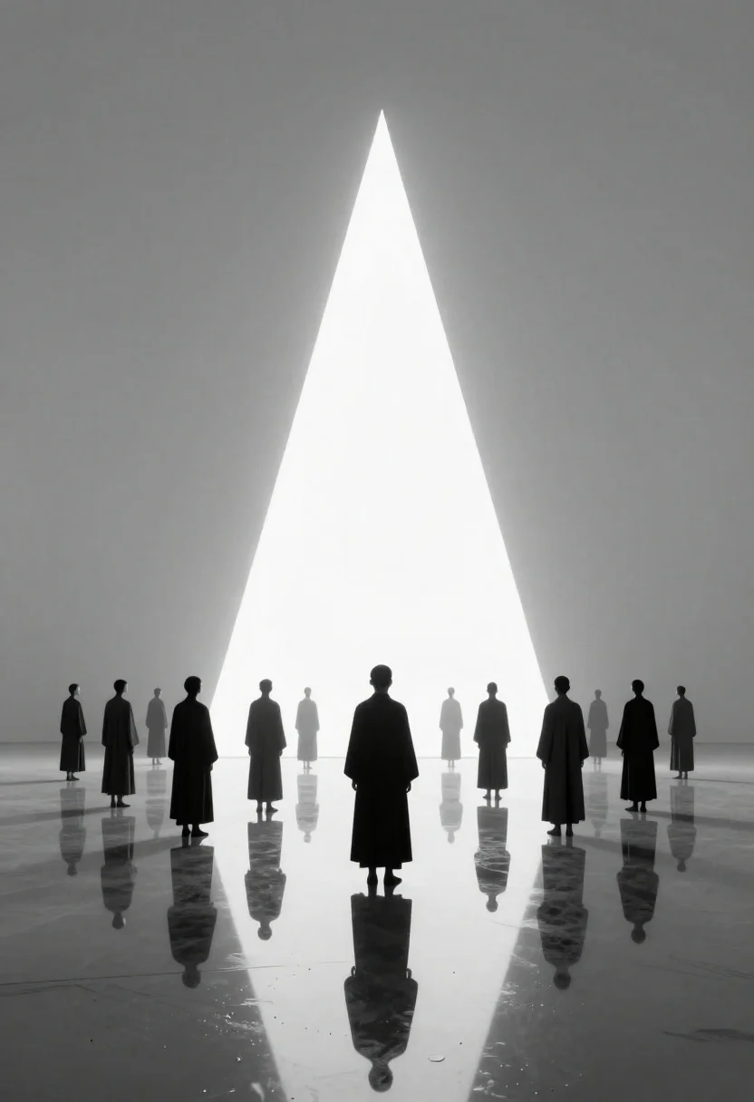 Figures standing in void facing massive light source