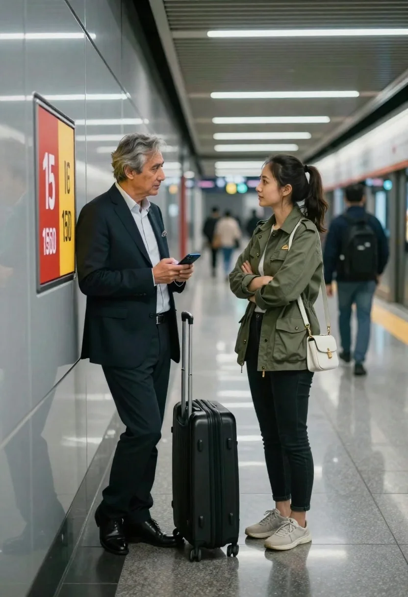 Man and woman in modern subway station waiting area