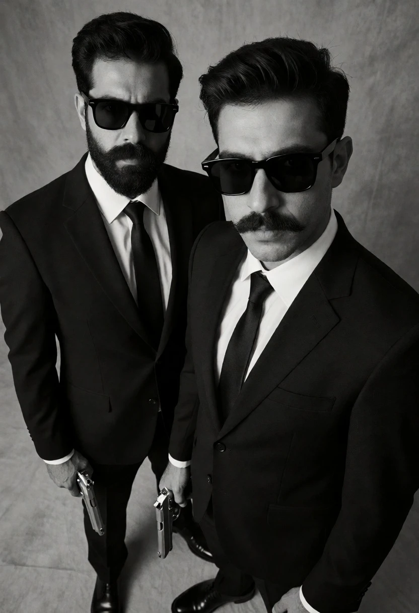 Two men in black suits holding silver handguns against gray studio backdrop - AI generated image prompt sample